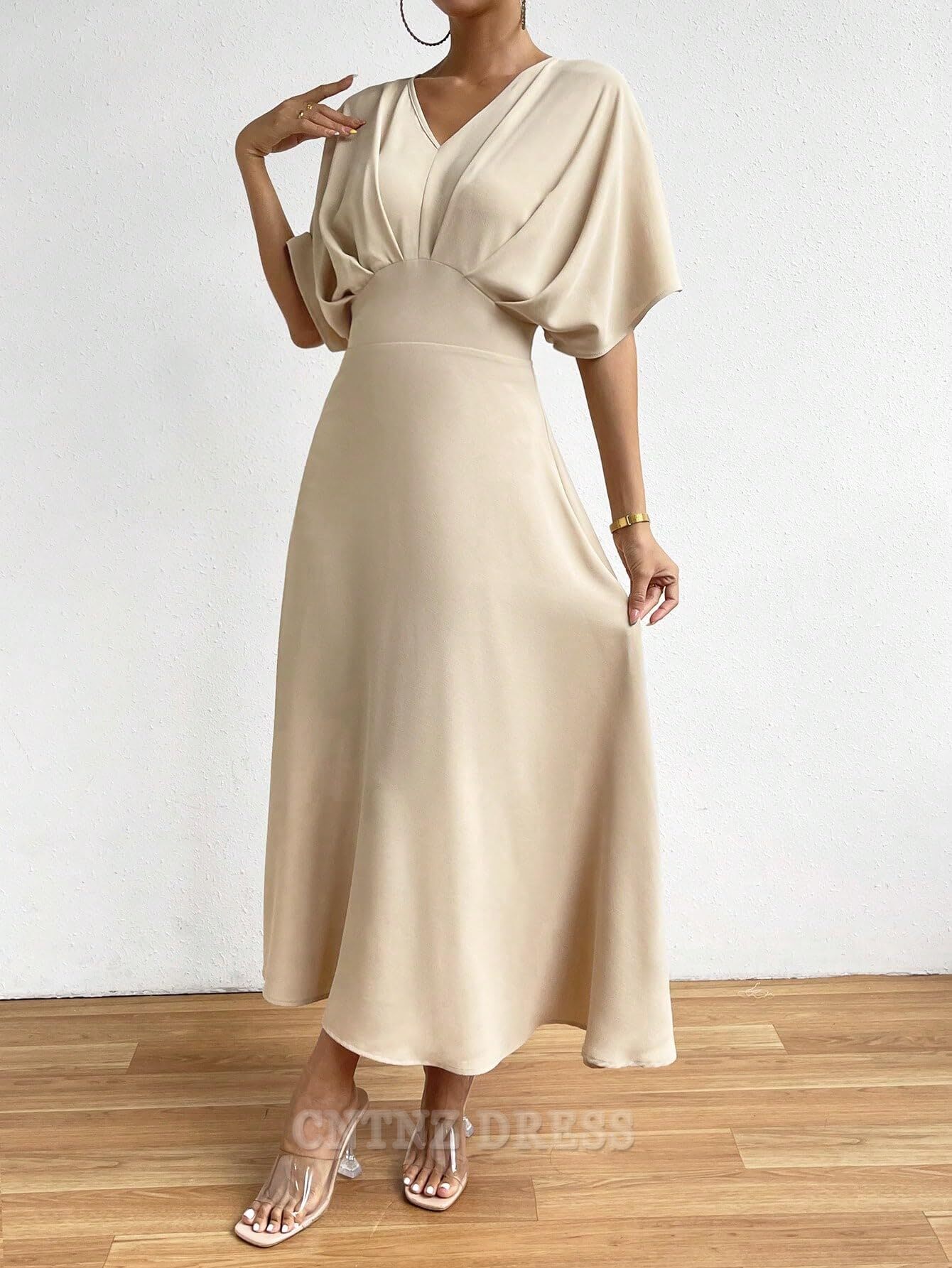 Wholesa A Line V Neck Half Sleeve Ruched formal dresses Bridesmaid Dresses evening gown Prom Dress