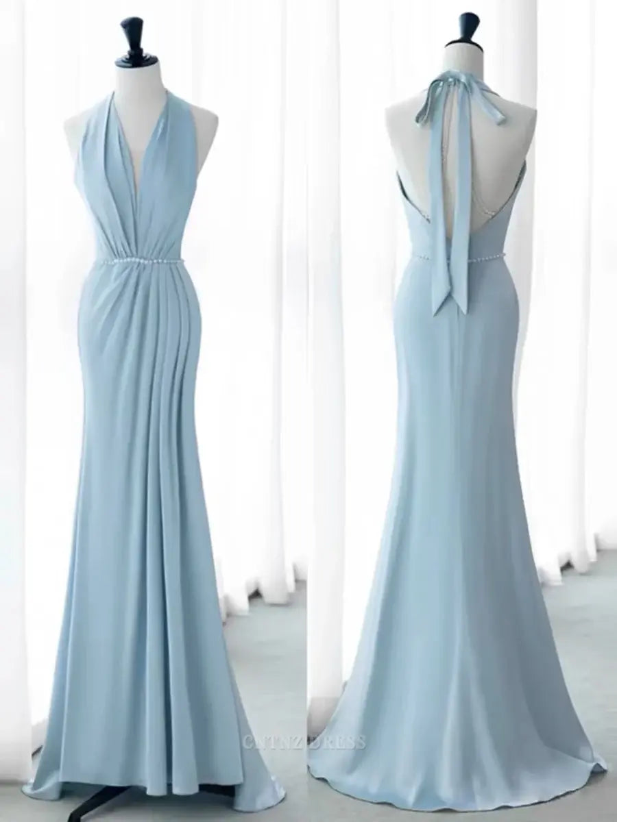 Wholesa Mermaid Elegant V Neckline Blue Backless Pearls Long formal dresses Bridesmaid Dresses evening gown Prom Dress