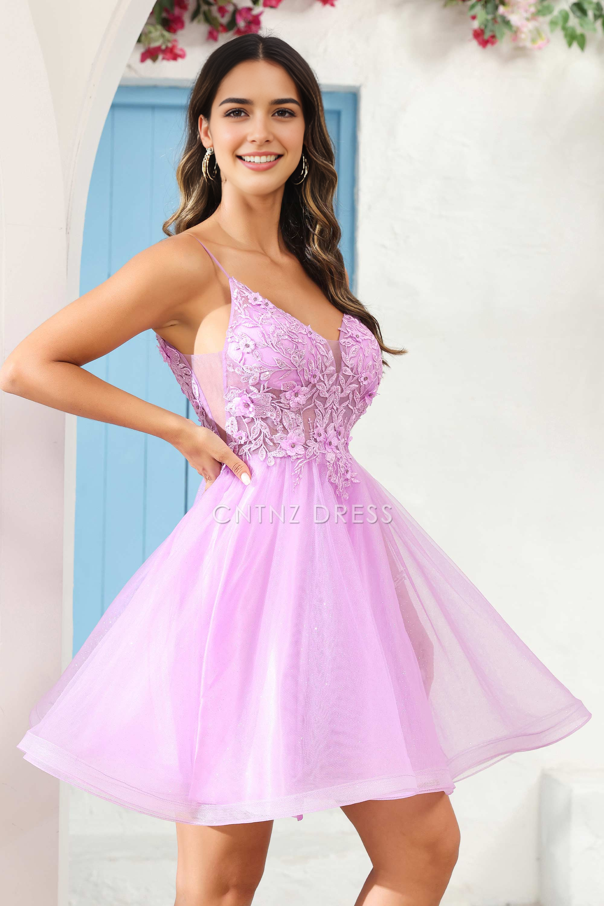 CNTNZ DRESS Fashion A Line V Neck Spaghetti Straps Backless See-through Applique Charming Mini Dress Hot Sale Homecoming Dress