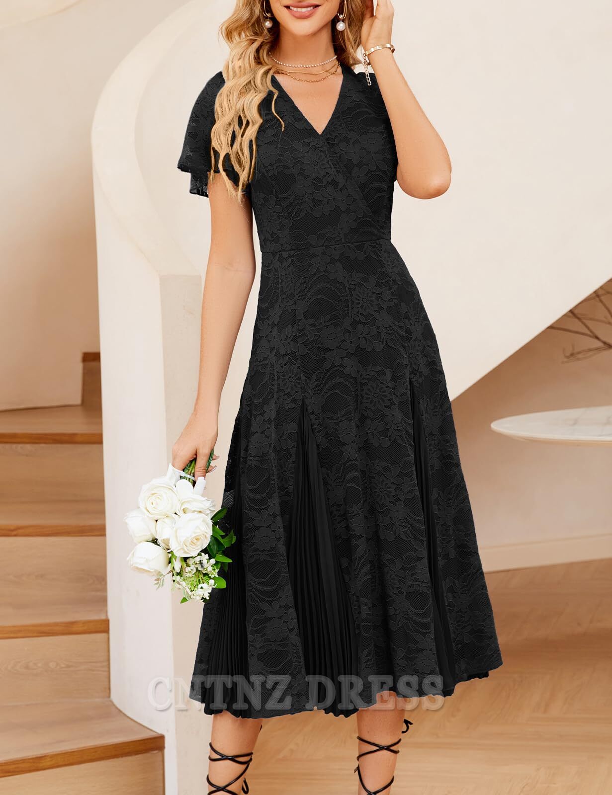Wholesa A Line V-Neck Lace Short Sleeve Pleated formal dresses Bridesmaid Dresses evening gown Prom Dress