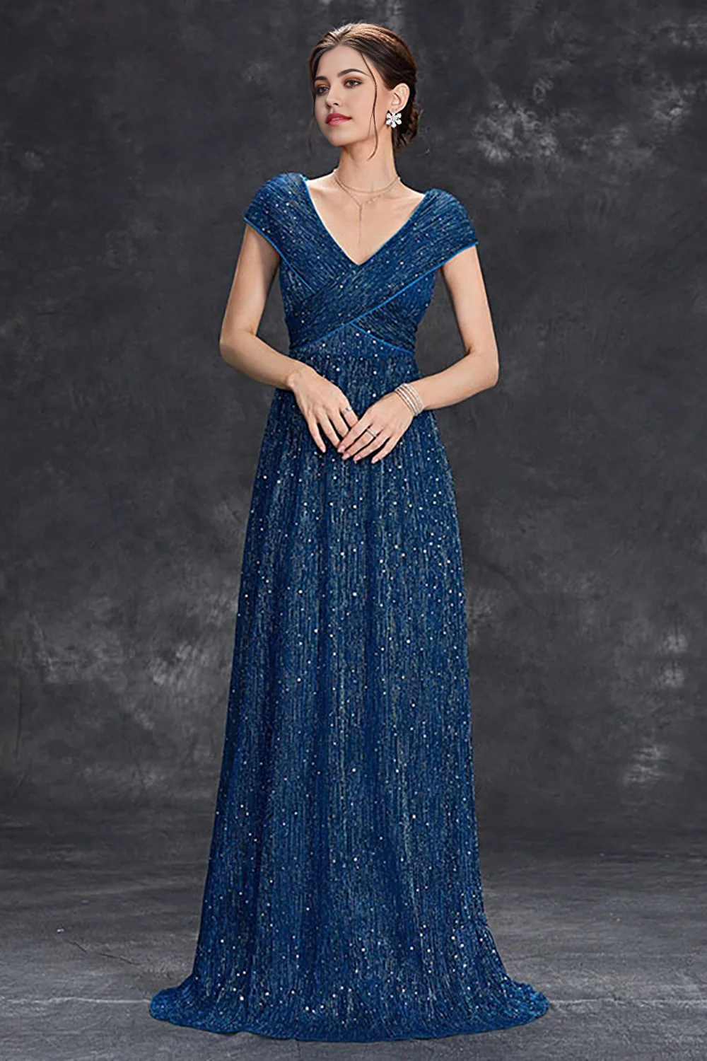 Wholesa A-Line V-Neck Sparkly Long Formal Dress