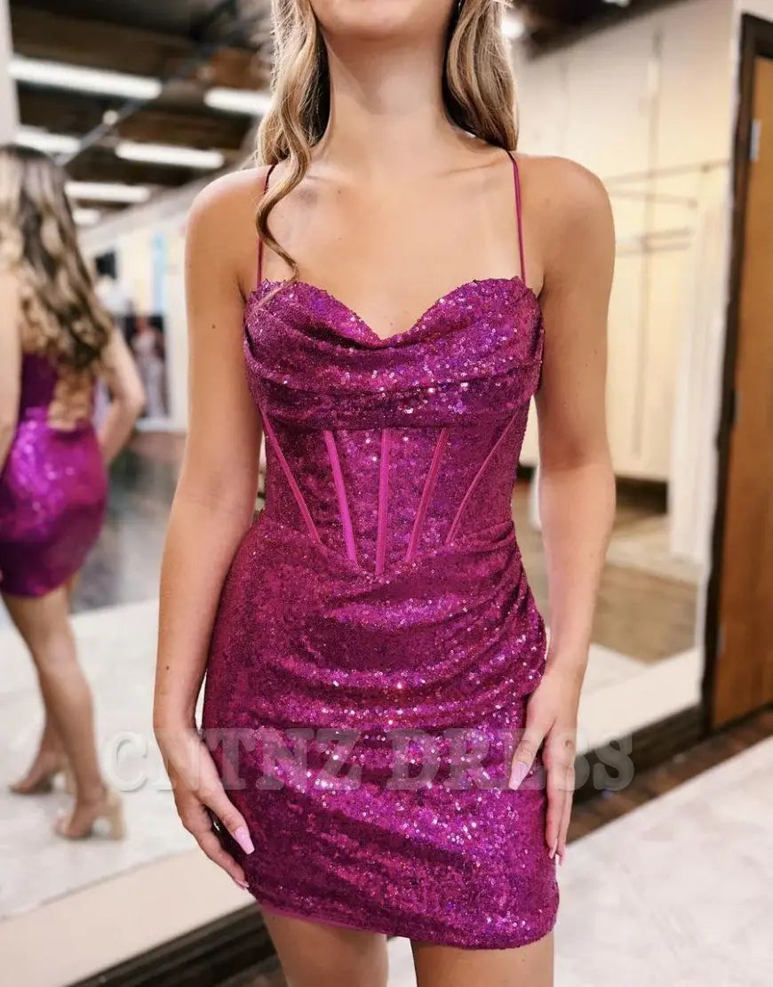 Wholesa Sparkly Spaghetti Straps Short Tight Hot Pink formal dresses Bridesmaid Dresses evening gown Prom Dress Homecoming Dress