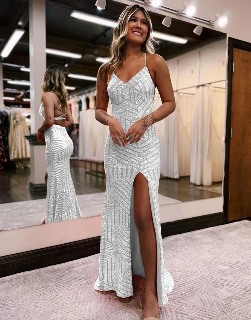 Wholesa Sparkly Sequin Long Glitter Prom Dress With Split