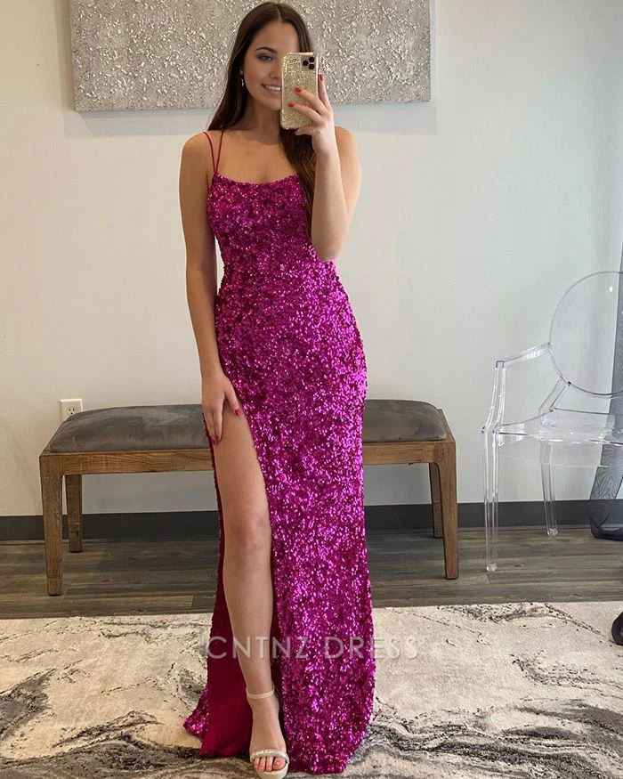 Wholesa Mermaid Spaghetti Straps Rose Red Sequin formal dresses Bridesmaid Dresses evening gown Prom Dress with Side Slit