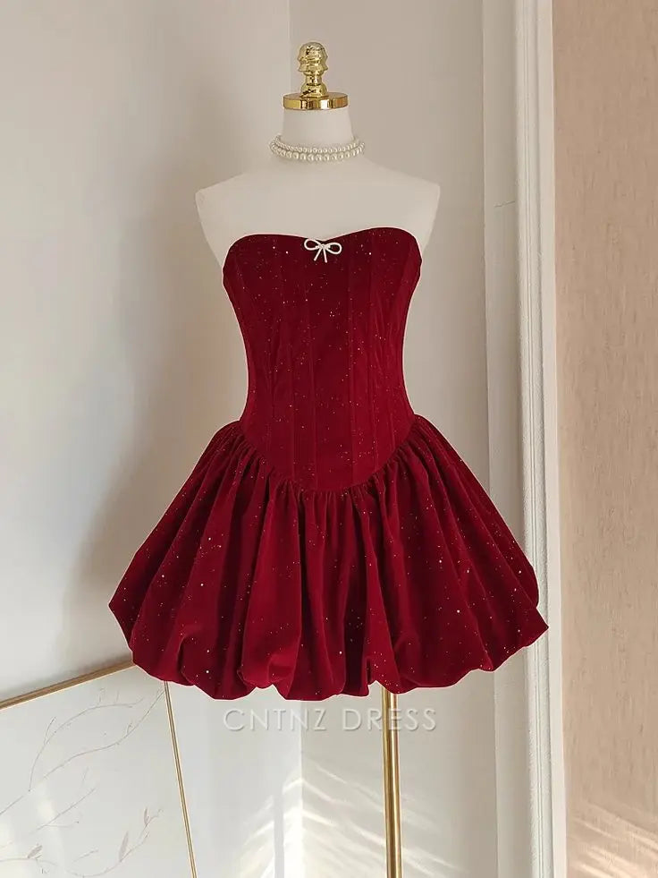 Wholesa A Line Cute Strapless Burgundy Velvet Ruffles formal dresses Bridesmaid Dresses evening gown Prom Dress