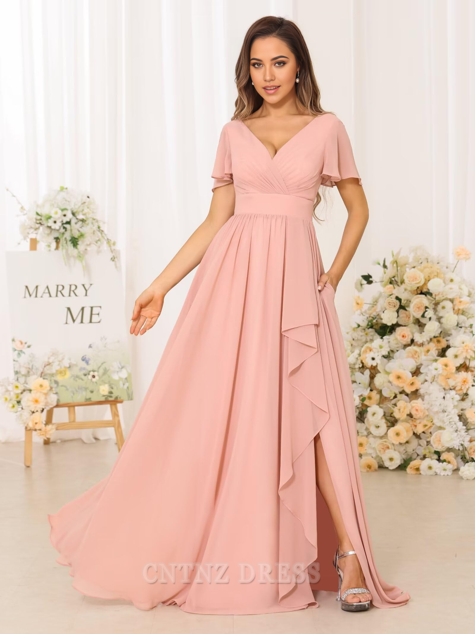Wholesa A-line V Neck Chiffon Pleated formal dresses Bridesmaid Dresses evening gown Prom Dress with Slit