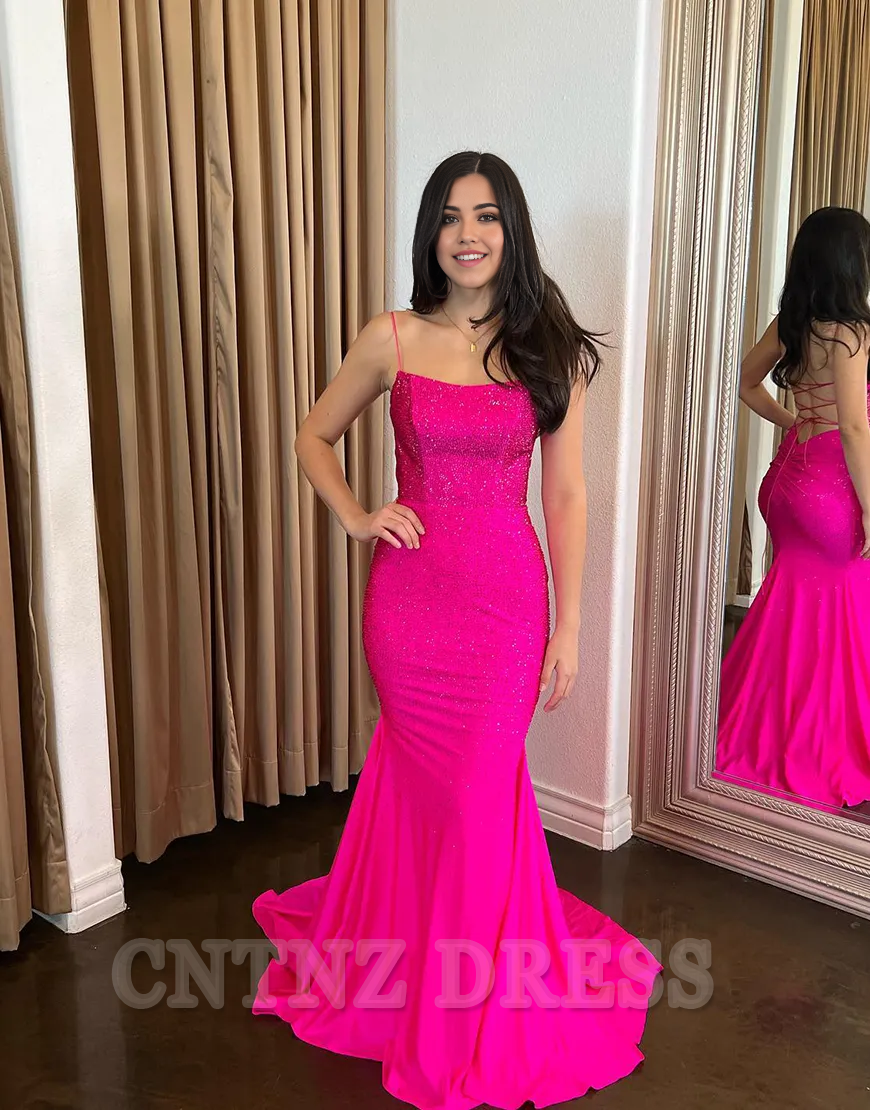 Wholesa Mermaid Sparkly Beaded Spaghetti Straps Satin Fuchsia Long formal dresses evening gown Prom Dress