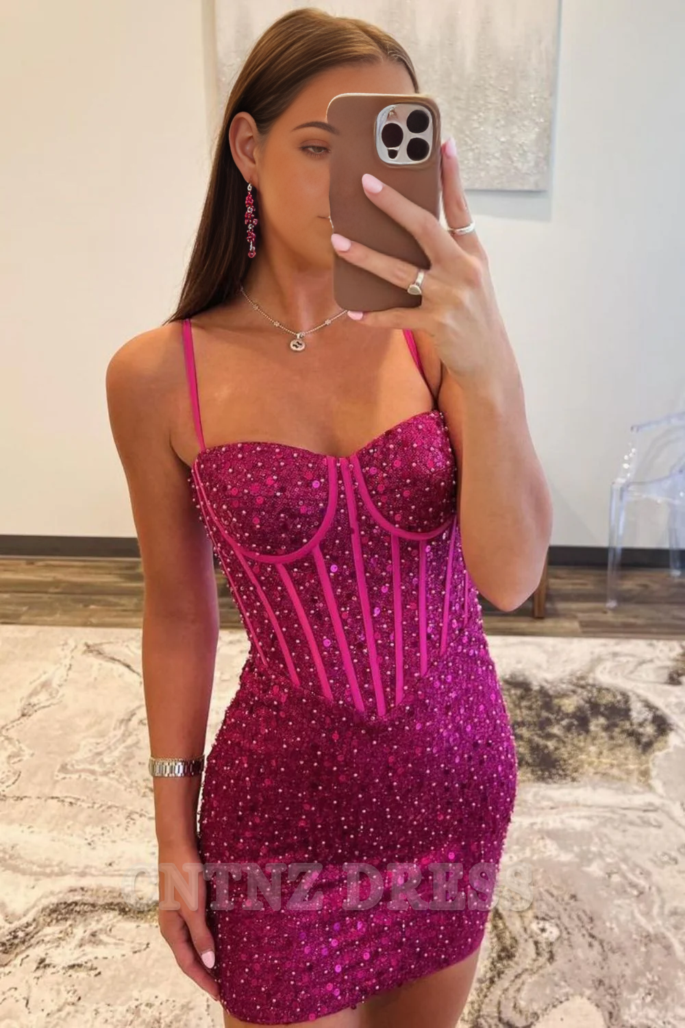 Wholesa Sparkly Spaghetti Straps Short Beaded Bodycon formal dresses evening gown Prom Dress Homecoming Dress