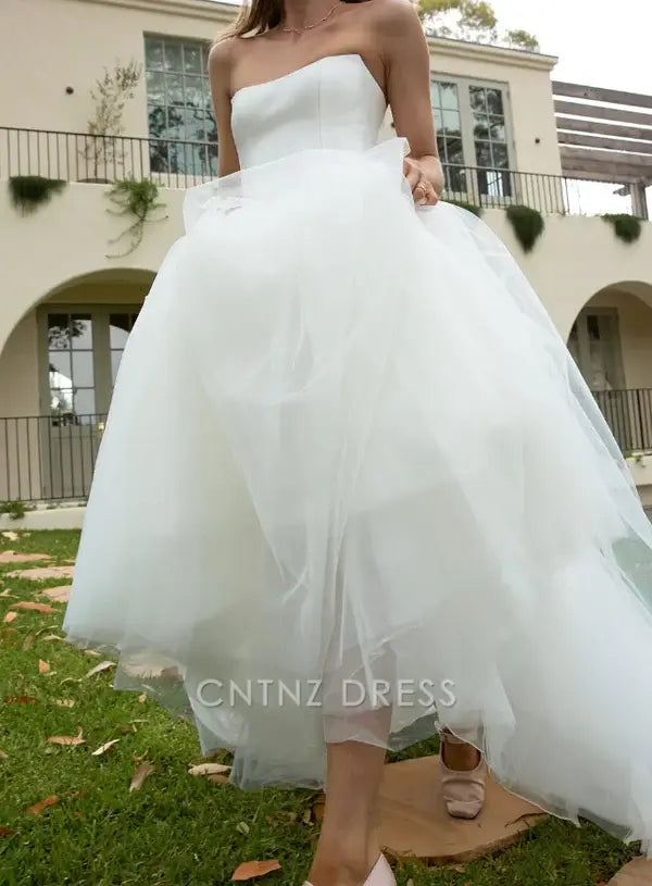 Wholesa A Line Tulle Strapless White formal dresses Bridesmaid Dresses evening gown Prom Dress Wedding Dress