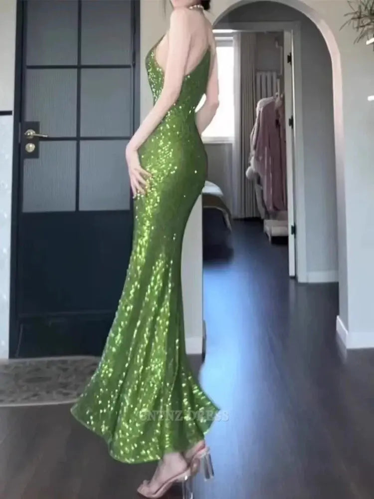 Wholesa Sheath Vintage Spaghetti Straps Green Sequin Long formal dresses Bridesmaid Dresses evening gown Prom Dress
