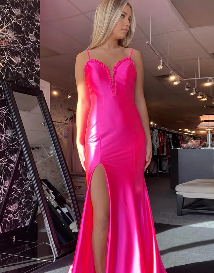 Wholesa Mermaid Spaghetti Straps Satin Ruffle Fuchsia Long formal dresses Bridesmaid Dresses evening gown Prom Dress with Slit