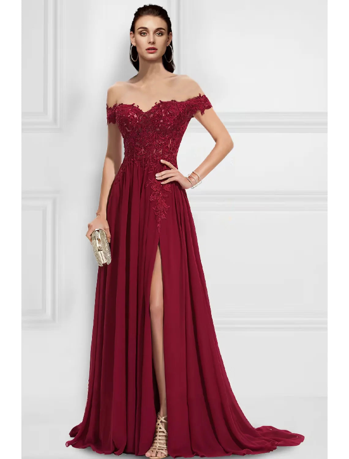 Wholesa A-Line Evening Gown Floral Dress Formal Sweep / Brush Train Sleeveless Off Shoulder Chiffon with Slit Appliques