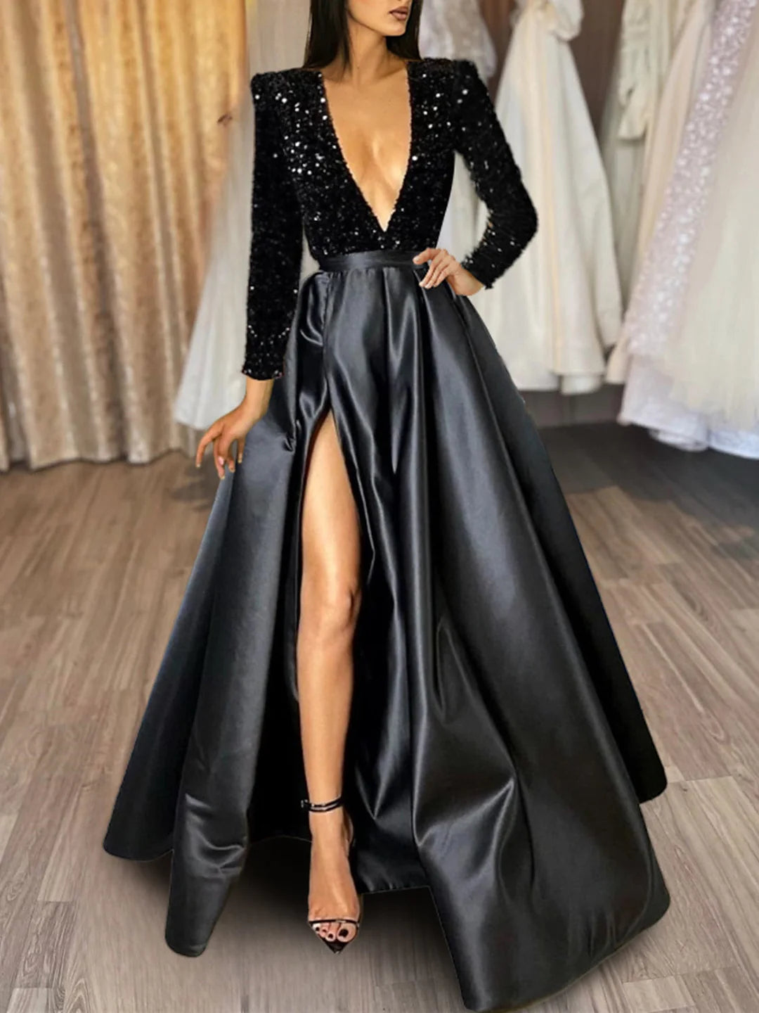 Wholesa A-Line Sequins V Neck Long Prom Dresses