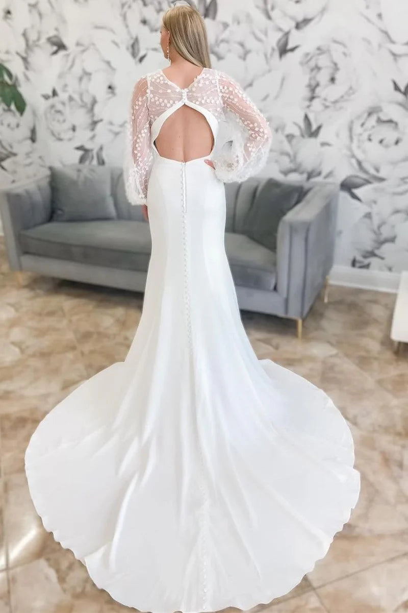 Wholesa Mermaid Plunge V Long Wedding Dress with Balloon Sleeves