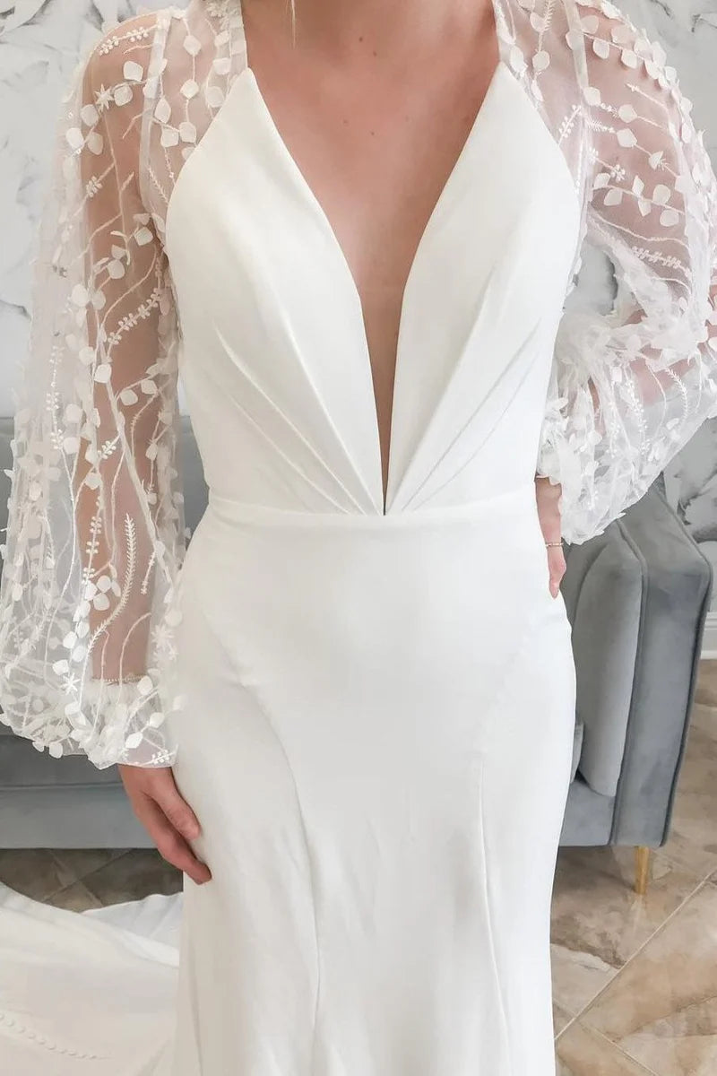 Wholesa Mermaid Plunge V Long Wedding Dress with Balloon Sleeves