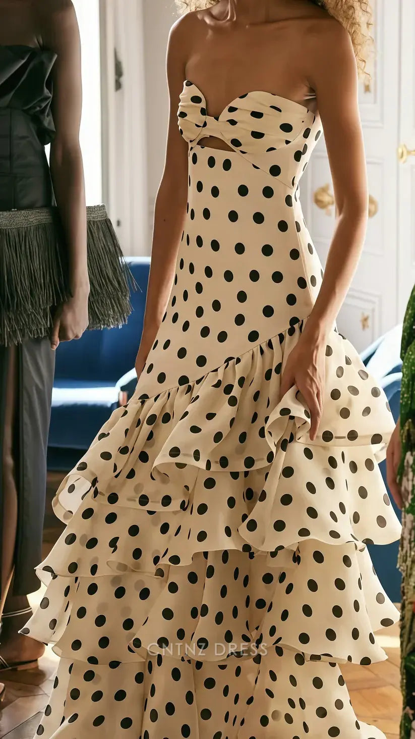 Wholesa Mermaid Elegant Strapless Sweetheart Dots Ruffle Chiffon formal dresses Bridesmaid Dresses evening gown Prom Dress