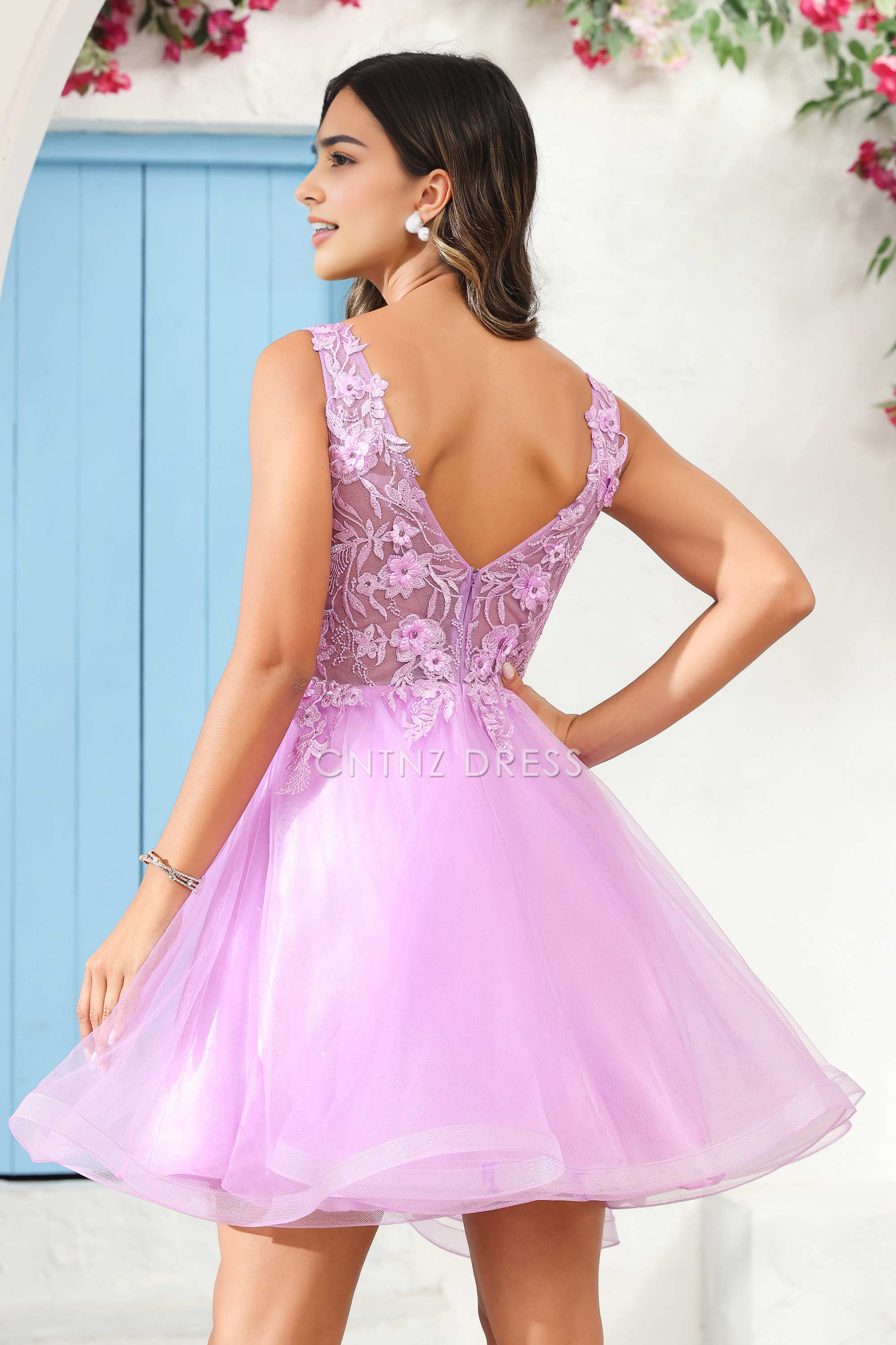 CNTNZ DRESS Gorgeous A Line Deep V Neck 3D Floral Applique Youthful Mini Dress Hot Sale Homecoming Dress