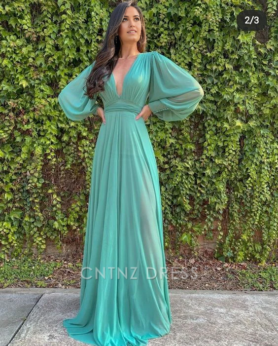 Wholesa A-line Deep V Neck Long Sleeves Chiffon Long formal dresses Bridesmaid Dresses evening gown Prom Dress