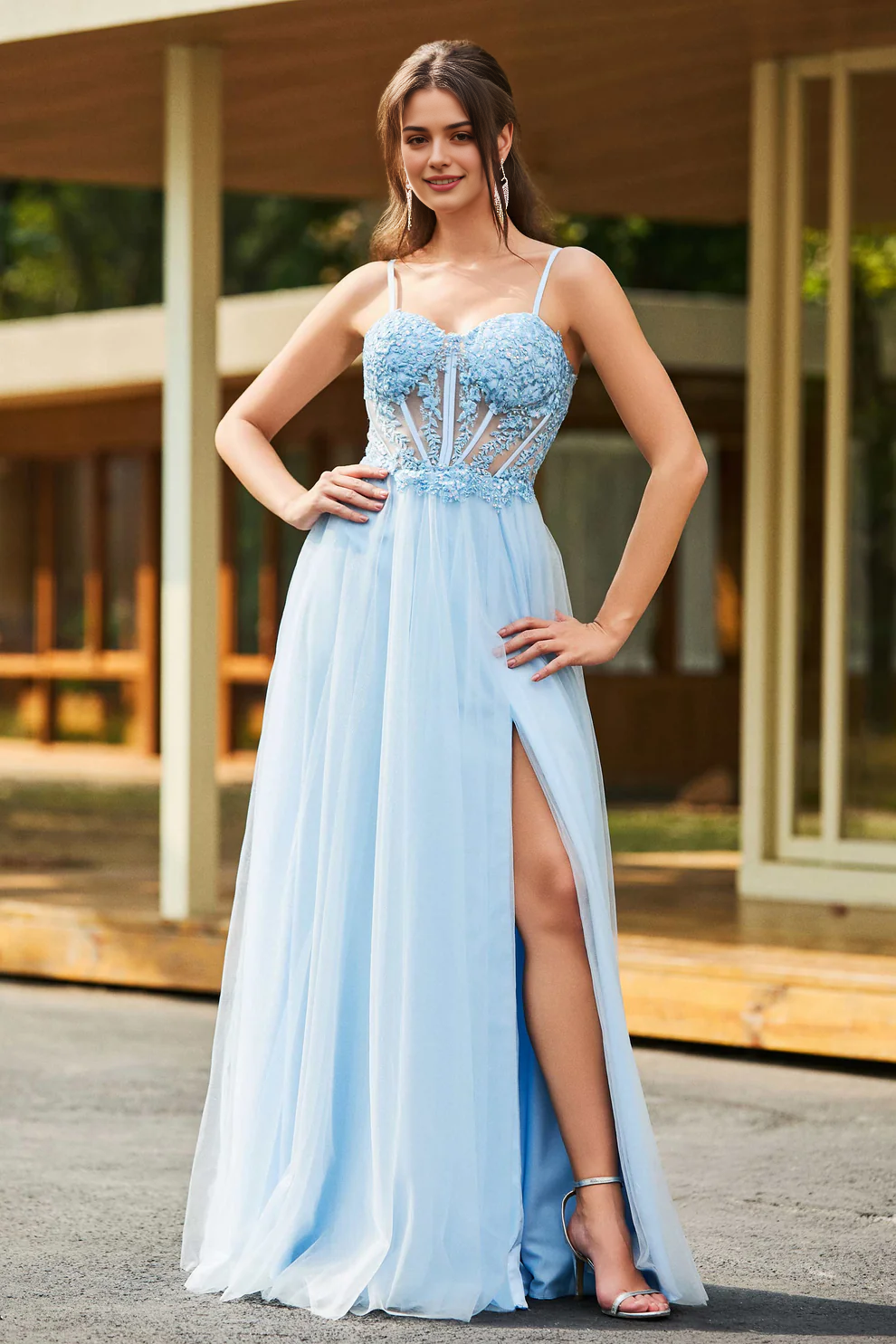 Elegant A-Line Spaghetti Straps Sweetheart Neckline Lace Up Lace Applique Tulle With Slit Discount Fashion Party Dress Hot Sale Prom Dresses