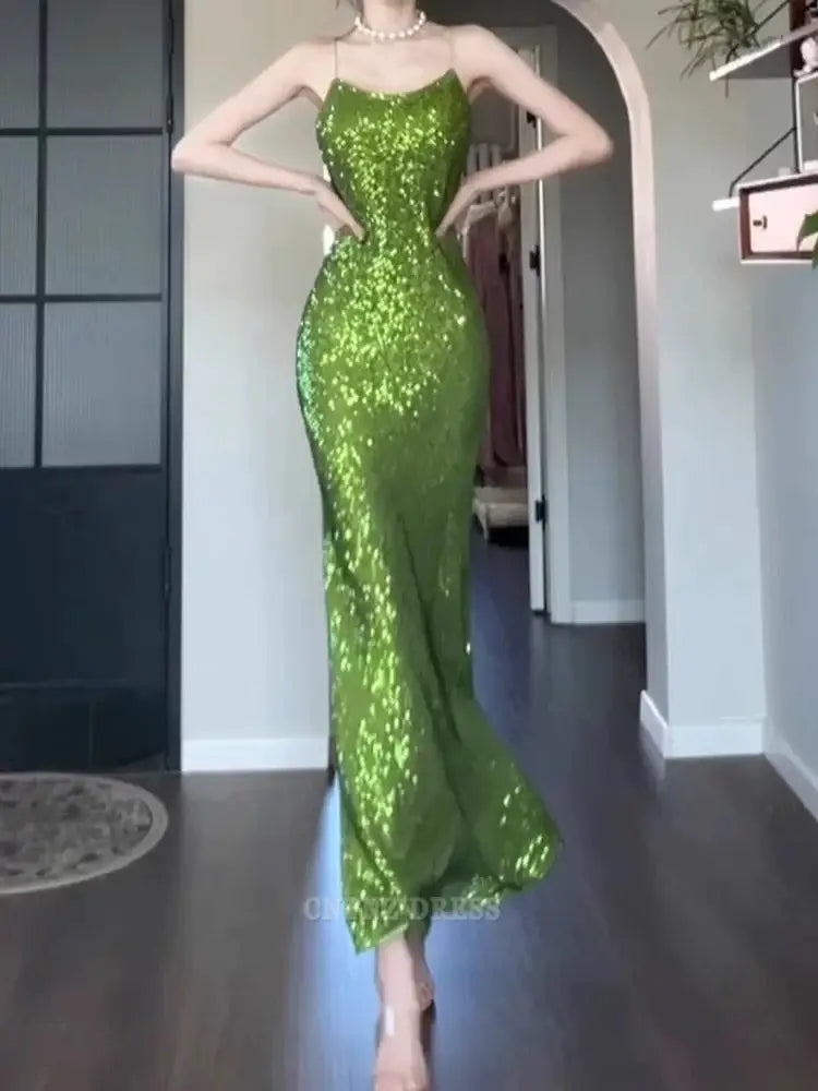 Wholesa Sheath Vintage Spaghetti Straps Green Sequin Long formal dresses Bridesmaid Dresses evening gown Prom Dress