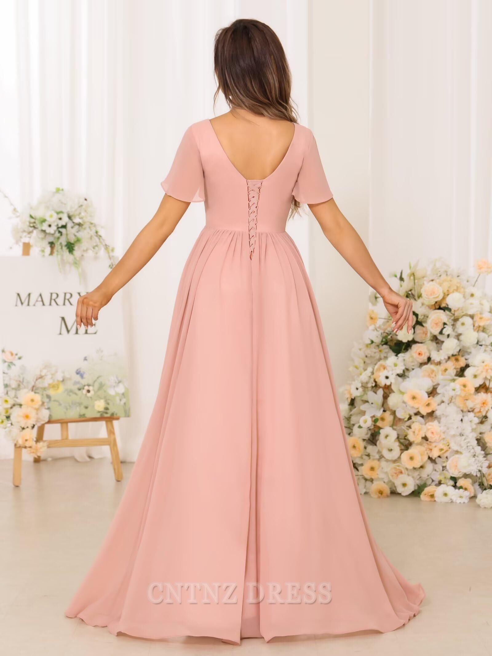 Wholesa A-line V Neck Chiffon Pleated formal dresses Bridesmaid Dresses evening gown Prom Dress with Slit