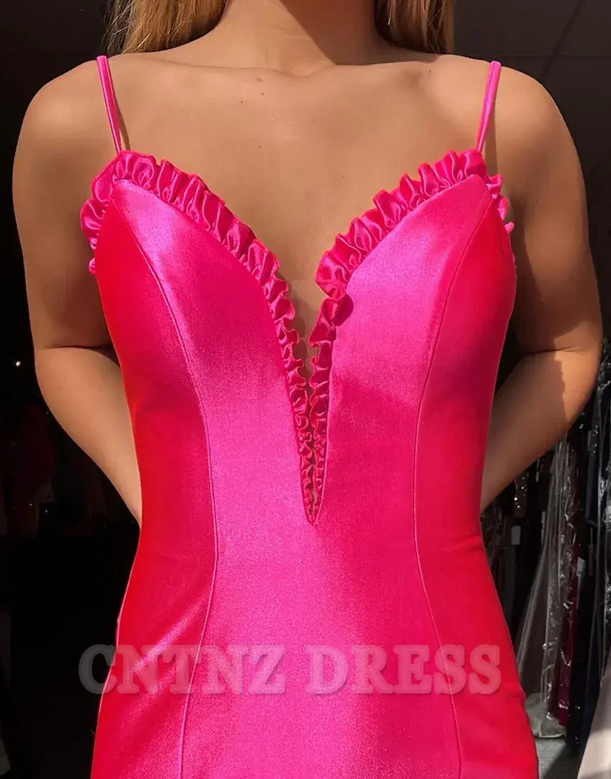 Wholesa Mermaid Spaghetti Straps Satin Ruffle Fuchsia Long formal dresses Bridesmaid Dresses evening gown Prom Dress with Slit