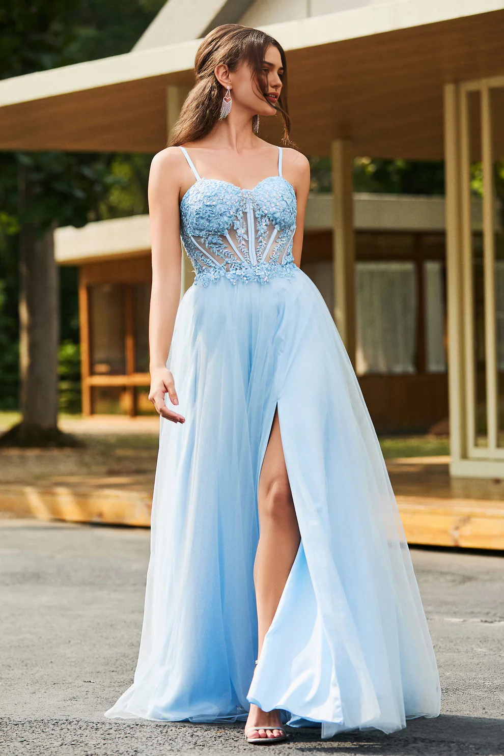 Elegant A-Line Spaghetti Straps Sweetheart Neckline Lace Up Lace Applique Tulle With Slit Discount Fashion Party Dress Hot Sale Prom Dresses