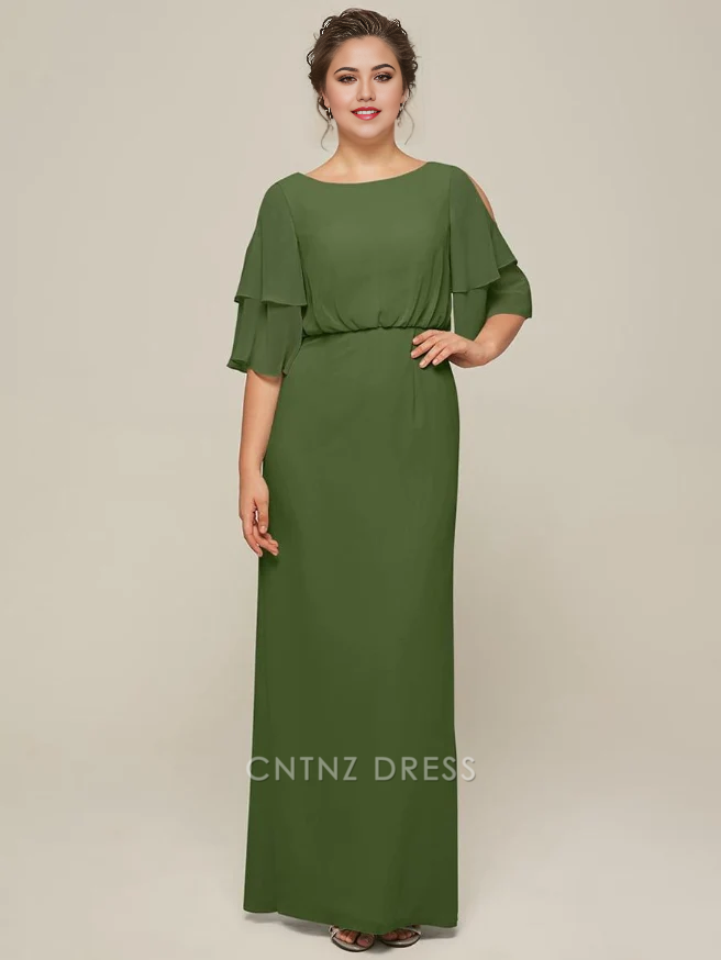 Wholesa A-Line Jewel Neck Short Sleeves Split Front Wedding Guest Dresses Chiffon Mother of the Bride Dresse