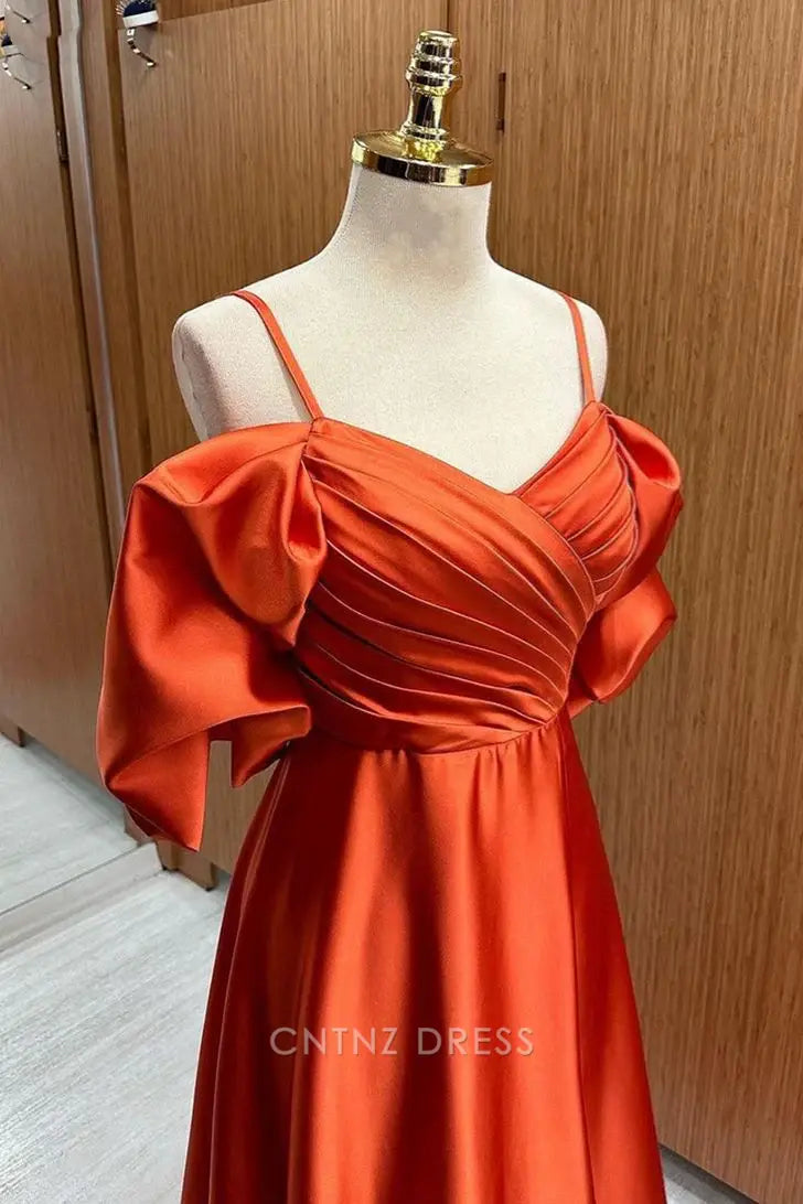 Wholesa A-line Off-the-Shoulder Straps Pleated Satin Rust Orange Long formal dresses Bridesmaid Dresses evening gown Prom Dress