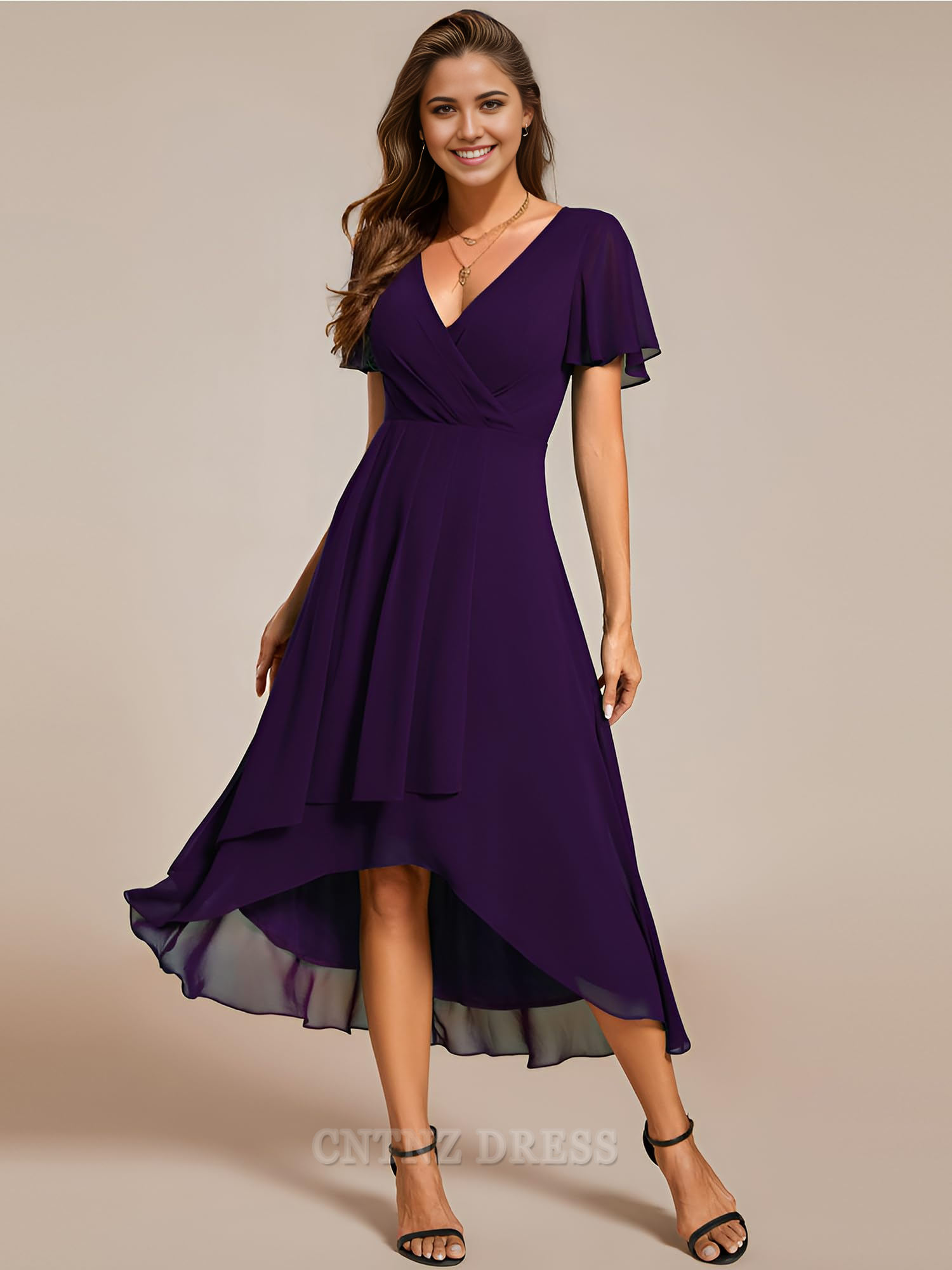 Wholesa A-line V Neck Chiffon Ruffle Sleeves Pleated High Low formal dresses Bridesmaid Dresses evening gown Prom Dress