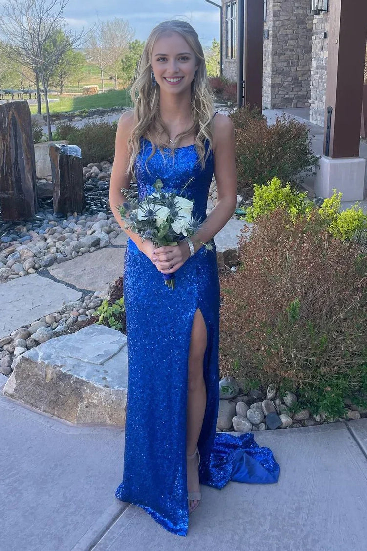 CNTNZ DRESS Charming Mermaid Spaghetti Strap Bateau Sleeveless Backless Lace Up Side Fork Party Sparkly Hot Sale Prom Dress