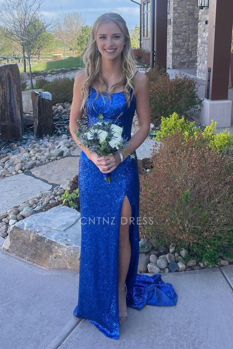 CNTNZ DRESS Charming Mermaid Spaghetti Strap Bateau Sleeveless Backless Lace Up Side Fork Party Sparkly Hot Sale Prom Dress