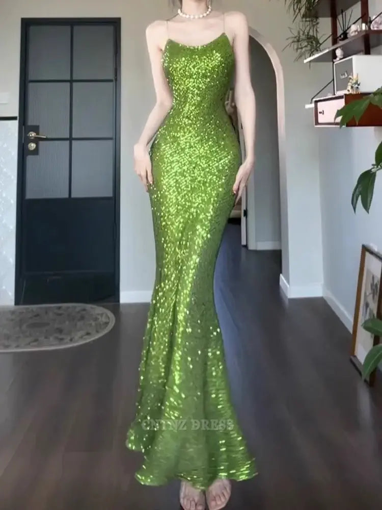 Wholesa Sheath Vintage Spaghetti Straps Green Sequin Long formal dresses Bridesmaid Dresses evening gown Prom Dress