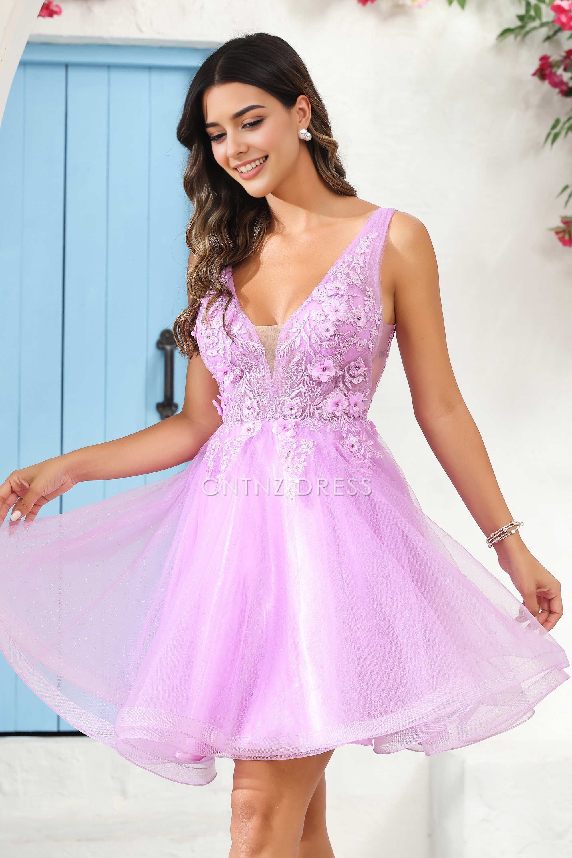 CNTNZ DRESS Gorgeous A Line Deep V Neck 3D Floral Applique Youthful Mini Dress Hot Sale Homecoming Dress