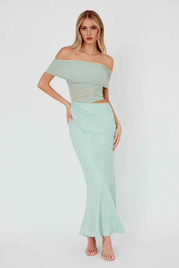 Exquisite Mermaid Off-Shoulder Mesh Bodice Pleated Cut-Out Detail In Waist Ocean Chic Long Wedding Guest Dress Hot Sale Prom Dress