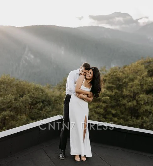 Wholesa Simple Square-Neck White Satin Side Slit Long formal dresses Bridesmaid Dresses evening gown Prom Dress