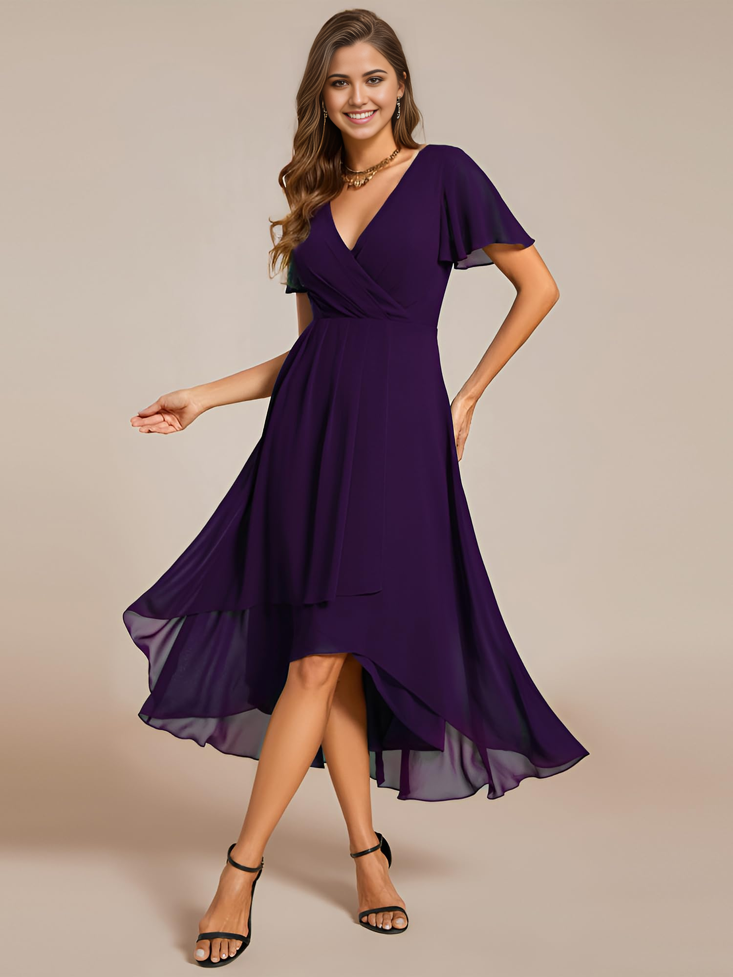 Wholesa A-line V Neck Chiffon Ruffle Sleeves Pleated High Low formal dresses Bridesmaid Dresses evening gown Prom Dress