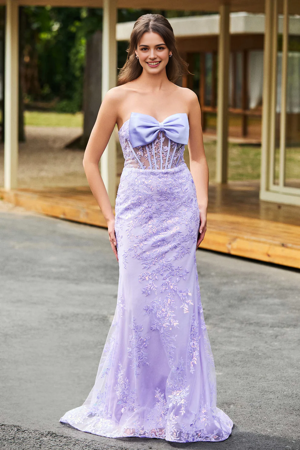 Cute Sheath Strapless Bowknot Sweetheart Neckline Sleeveless Lace Sequins Applique Backless Discount Fashion Party Dress Hot Sale Prom Dresses