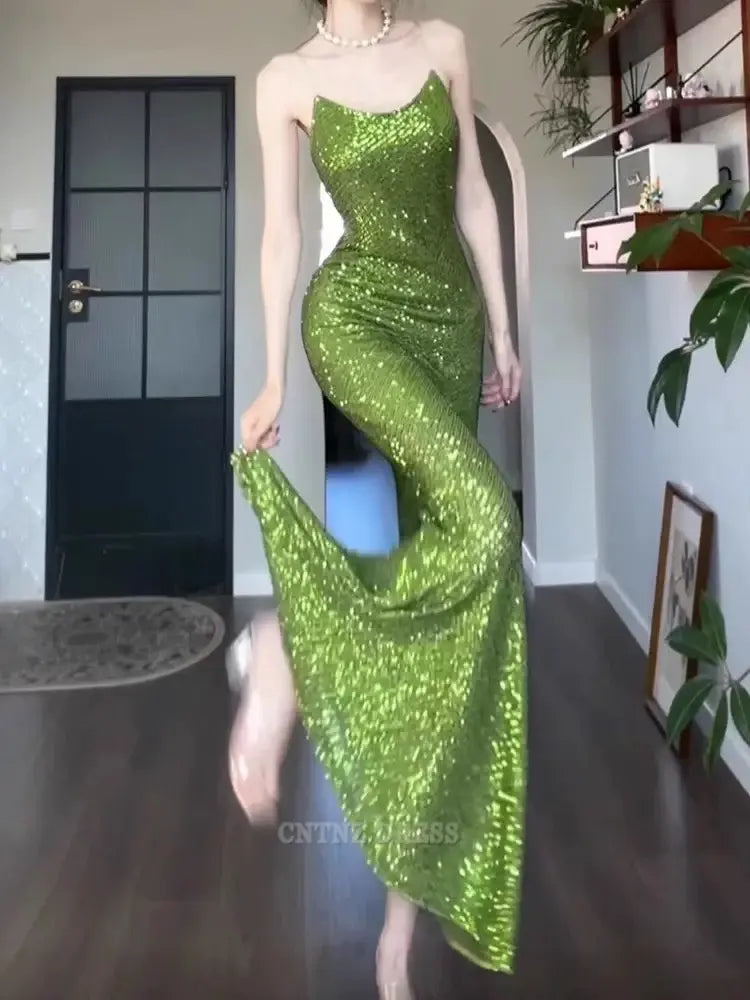Wholesa Sheath Vintage Spaghetti Straps Green Sequin Long formal dresses Bridesmaid Dresses evening gown Prom Dress