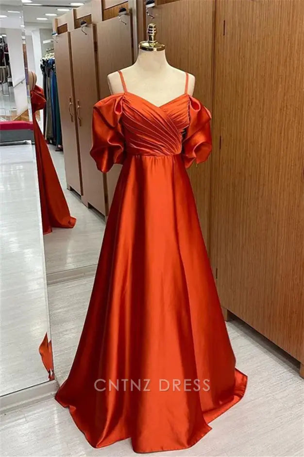 Wholesa A-line Off-the-Shoulder Straps Pleated Satin Rust Orange Long formal dresses Bridesmaid Dresses evening gown Prom Dress