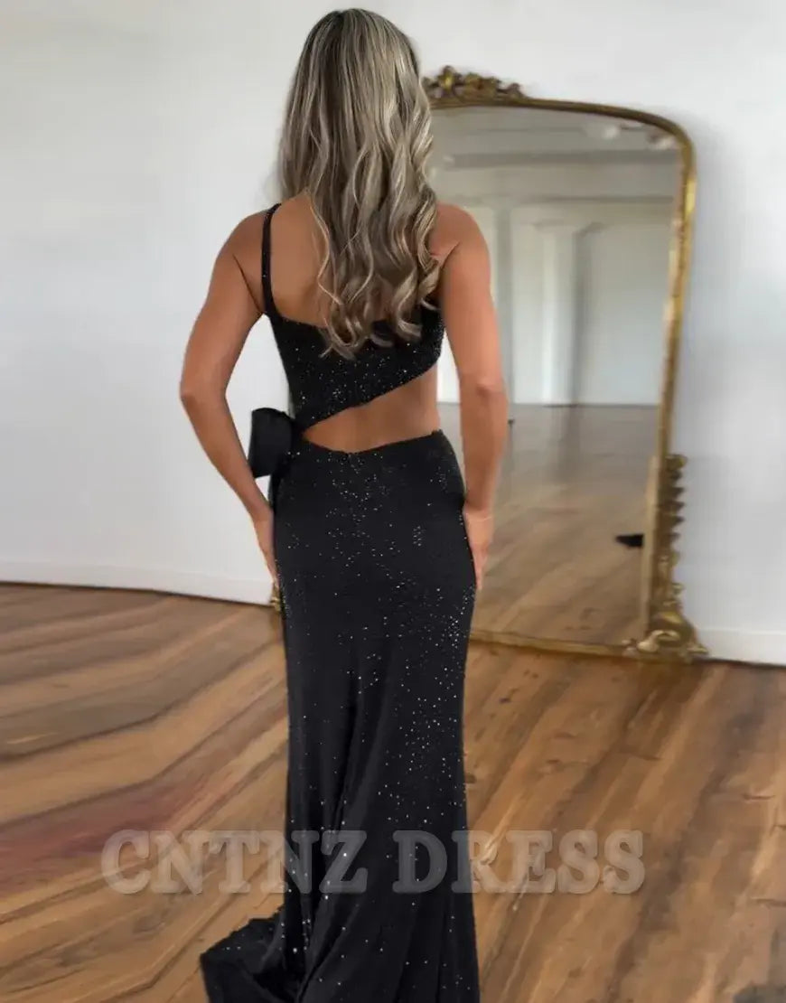 Wholesa Mermaid Sparkly Beaded Spaghetti Straps Bow Black Long formal dresses evening gown Prom Dress with Slit
