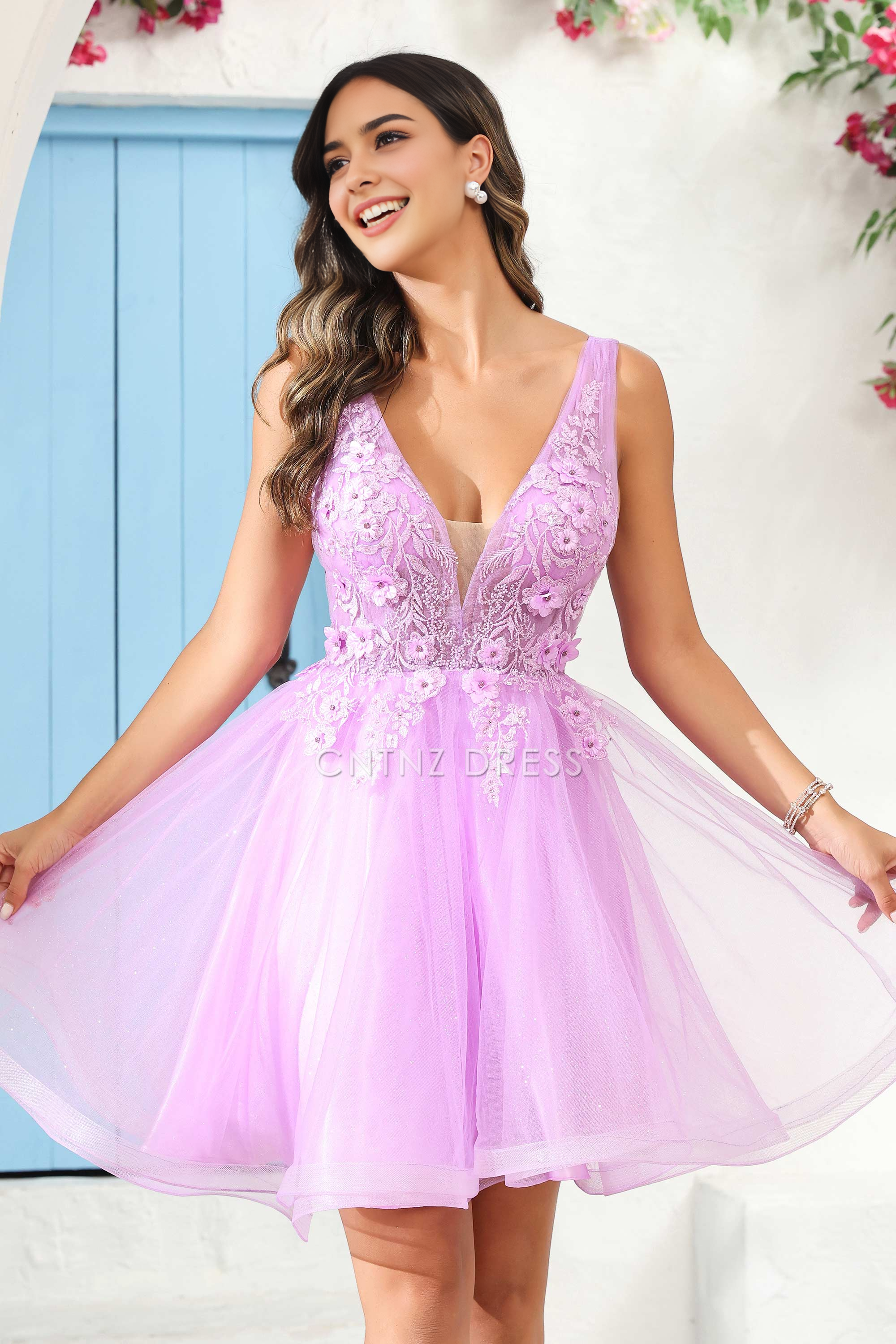 CNTNZ DRESS Gorgeous A Line Deep V Neck 3D Floral Applique Youthful Mini Dress Hot Sale Homecoming Dress