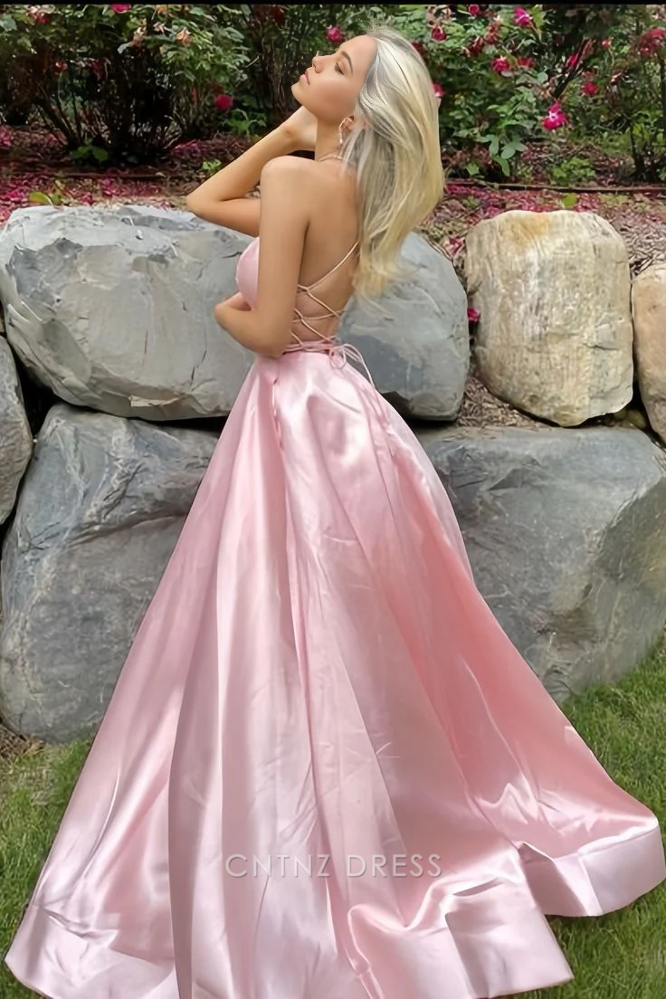 Wholesa A-Line Simple Spaghetti Straps Backless Satin Pink formal dresses Bridesmaid Dresses evening gown Prom Dress With Slit