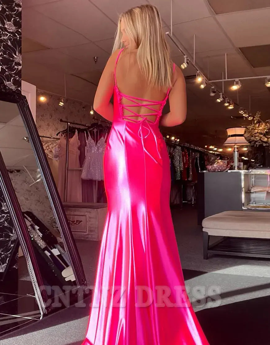 Wholesa Mermaid Spaghetti Straps Satin Ruffle Fuchsia Long formal dresses Bridesmaid Dresses evening gown Prom Dress with Slit