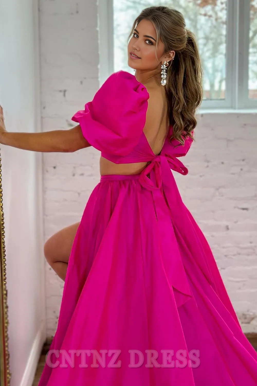 Wholesa Two Pieces A-Line Square Neck Long Satin Hot Pink formal dresses evening gown Prom Dress With Split