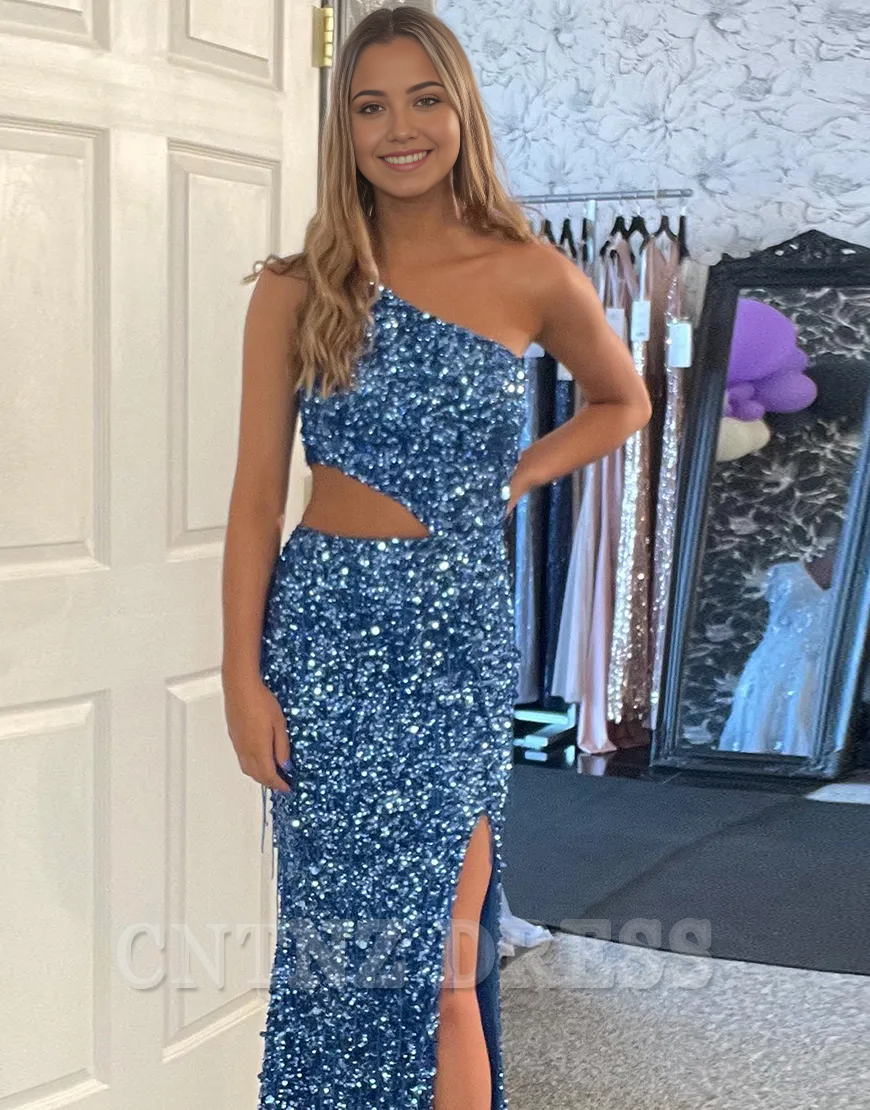 Wholesa Mermaid Sparkly One Shoulder Sequins Sky Blue Long formal dresses Bridesmaid Dresses evening gown Prom Dress with Slit