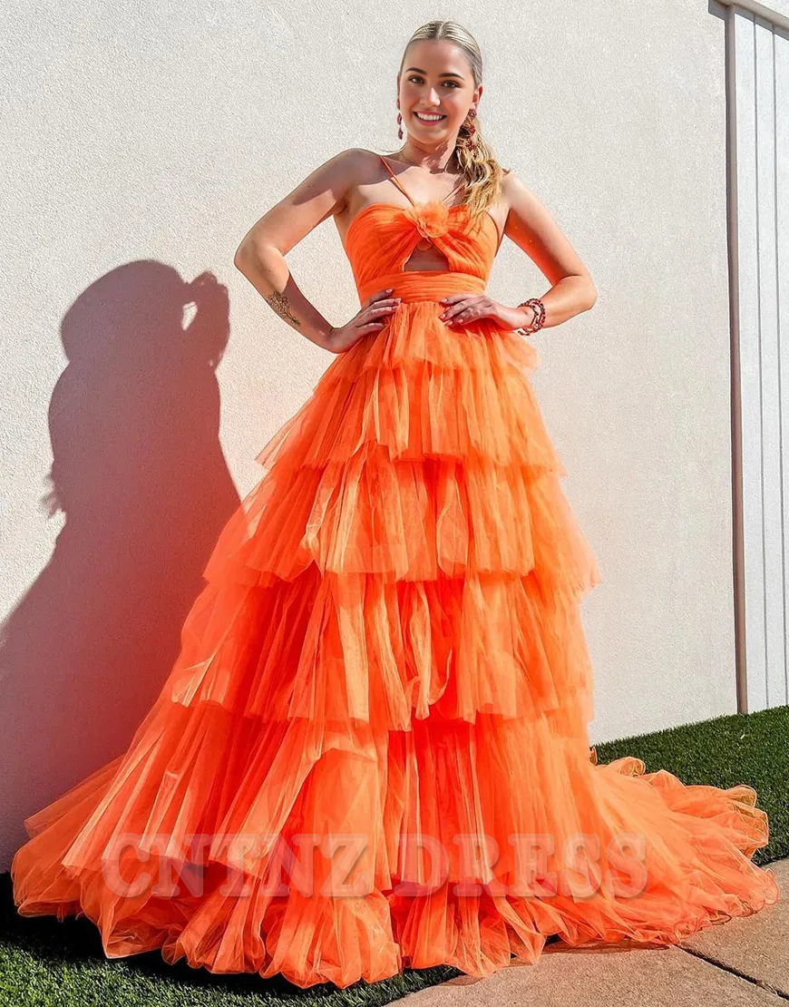 Wholesa A-Line Spaghetti Straps Flower Tiered Tulle Orange Long formal dresses evening gown Prom Dress