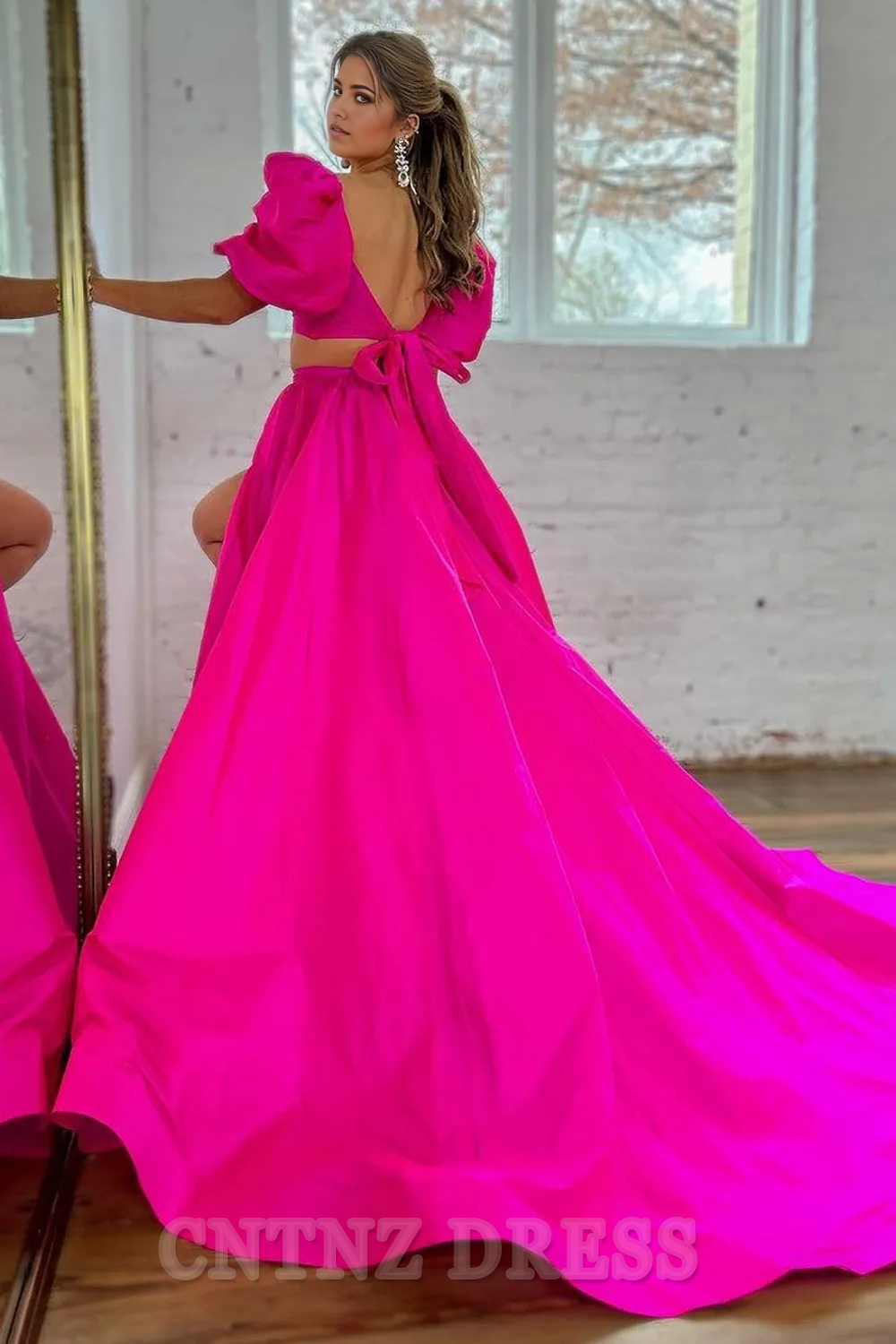 Wholesa Two Pieces A-Line Square Neck Long Satin Hot Pink formal dresses evening gown Prom Dress With Split