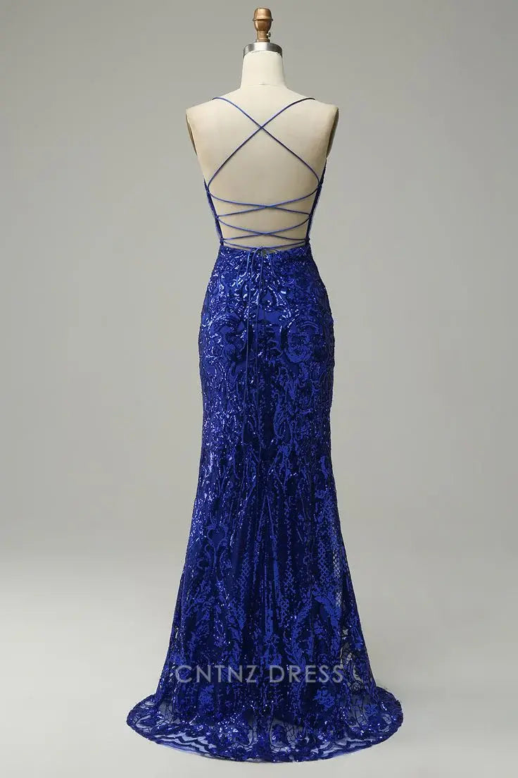 Wholesa Mermaid Spaghetti Straps Sequins Criss Cross Back Long formal dresses Bridesmaid Dresses evening gown Prom Dress