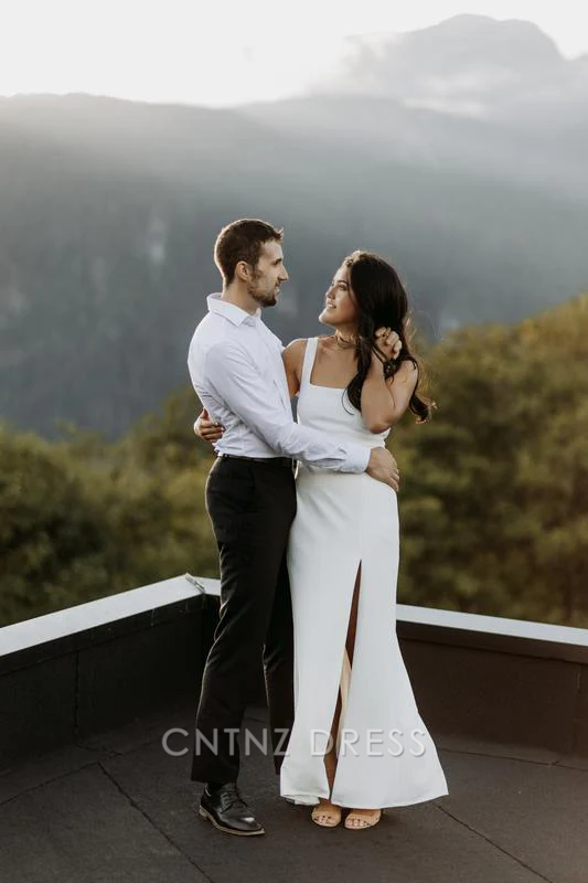 Wholesa Simple Square-Neck White Satin Side Slit Long formal dresses Bridesmaid Dresses evening gown Prom Dress